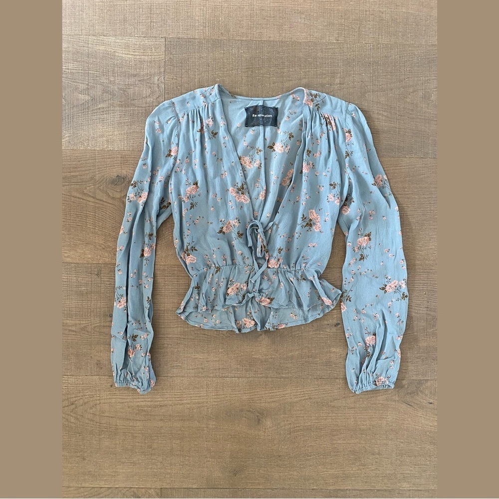 reformation plunging v-neck nikki floral long sleeve top